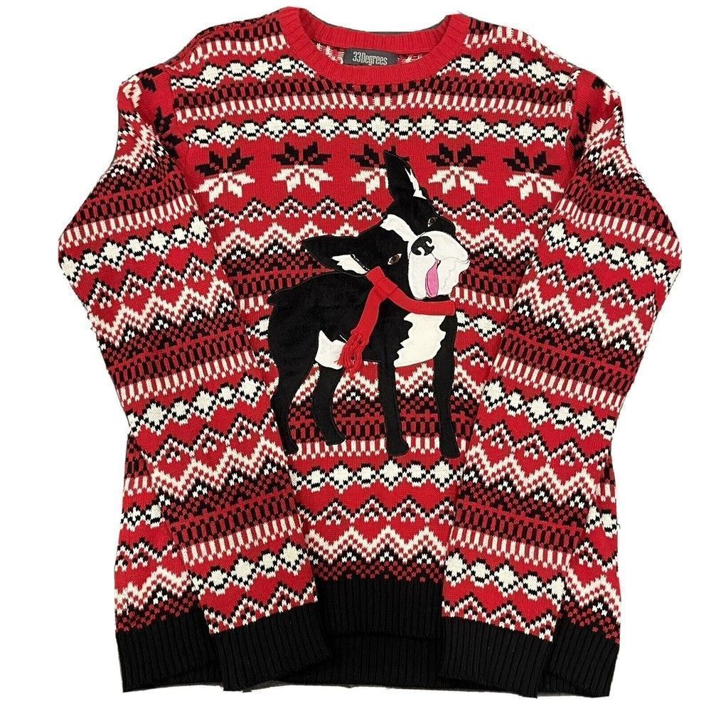 33 Degrees Boston Terrier Dog Ugly Christmas Sweater - Size M
